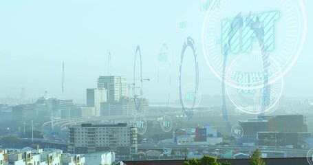 Poster - Cityscape with NFT text animation overlaying buildings and cranes in background