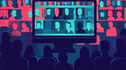 Poster - Computer screen displaying live stream with viewer count, flat design illustration, No logo, No Trademark, No text, minimal concept with copy space for stock photo illustration