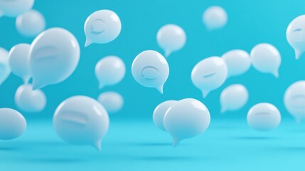Social media notification icons, white speech bubbles on blue background copy space. 3D rendering illustration