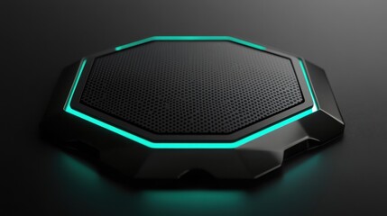 Poster - Minimalist Tech Background with Raised Hexagon and Turquoise Illuminated Trim. Black Surface with Embossed 3D Shape. 3D Render. illustration