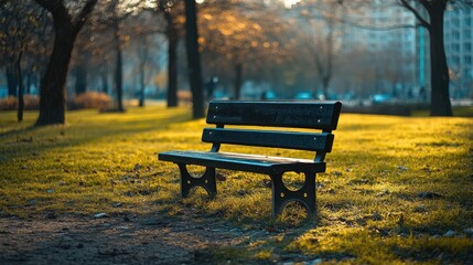 Wall Mural - wooden bench on golden grass in park with blurry trees and building behind. it is good for represent