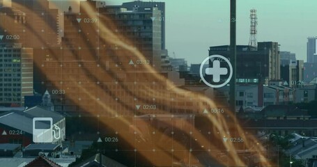Poster - Medical data processing animation over urban cityscape with buildings and factories