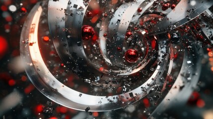 Poster - abstract swirling metallic forms with red accents and scattered spheres in a dynamic composition ill