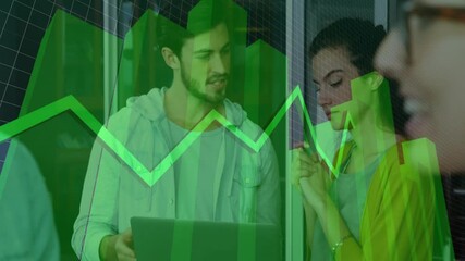 Poster - business colleagues discussing over laptop with green financial graph animation