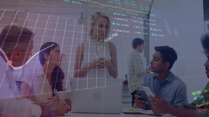 Poster - Discussing financial data, business team analyzing stock market animation in office