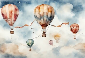 Wall Mural - kite clouds white air hand set painted isolated watercolor balloons illustration hot background vintage travel wedding airship summer children party blue poster carnival invitation balloon basket