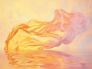 Poster - Flowing Orange and Pink Fabric Above Reflective Water in Sunset Hues, Soft Serene Artistic Aesthetic.