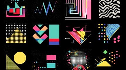 Poster - Vector of geometric patterns in classic Memphis style, with colorful shapes on black for an anime design aesthetic. illustration