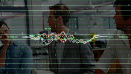 Poster - In office, business team discussing colorful data graphs with animated overlay