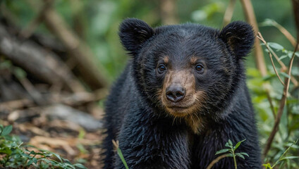 Wall Mural - Close-up view of Asian Black Bear cub in its natural environment with a blurred background.