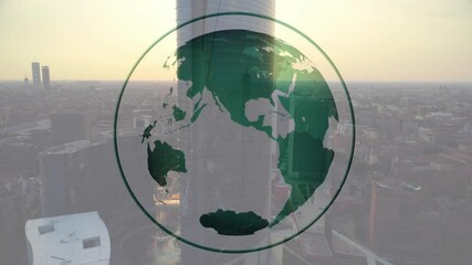 Poster - Transparent globe animation over cityscape with tall buildings at sunset