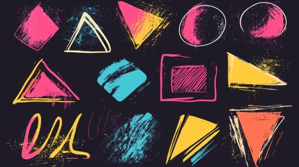 Poster - Colorful trendy abstract geometric shape set with modern doodles and bright paint texture. Collage drawing style shapes collection on isolated background. illustration