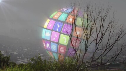 Poster - Animation of digital globe with colorful app icons over cityscape and tree