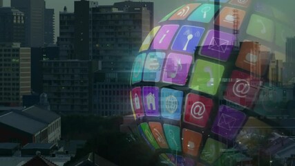 Poster - Animation of digital app icons forming globe over cityscape at dusk