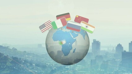 Poster - Animation of flags from various countries orbiting globe over cityscape background