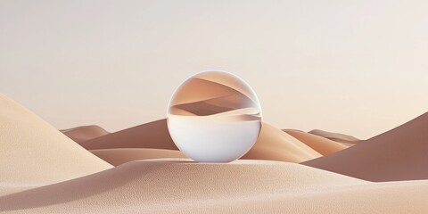 Poster - Surreal egg-shaped sphere reflecting desert dunes, modern digital art, abstract landscape, minimalism.