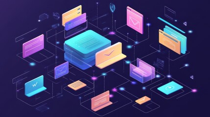 Poster - Abstract network grid with files and folders, futuristic software interface, digital document management system, store, search and organize documents, corporate business, paperless office. illustrati