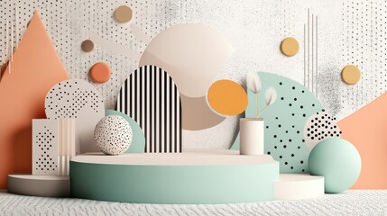 Poster - stand podium wall scene pastel color background, geometric shape for product display presentation. i