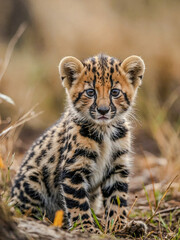 Wall Mural - Close-up view of King Cheetah cub in its natural environment with a blurred background.