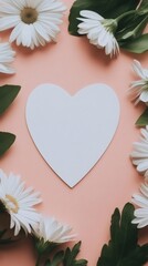 Poster - White heart shape surrounded by white daisies and green leaves creating a lovely frame on a pink background, perfect for mother's day or valentine's day projects