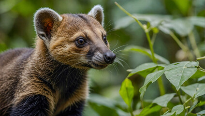 Wall Mural - Close-up view of Ring-Tailed Coati cub in its natural environment with a blurred background.