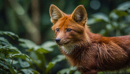 Wall Mural - close-up view of ussuri dhole cub in its natural environment with a blurred background.