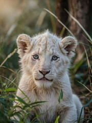 Wall Mural - Close-up view of White Lion cub in its natural environment with a blurred background.
