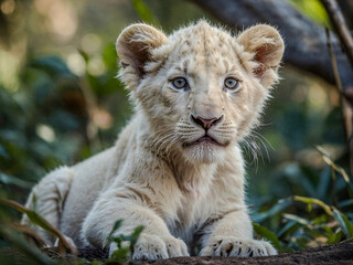 Wall Mural - Close-up view of White Lion cub in its natural environment with a blurred background.