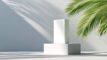Poster - Minimalist product display podium with palm leaves for summer cosmetic presentation mockup scene