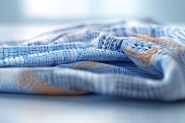Poster - Soft textile draped on a surface with intricate patterns and vibrant colors in natural light
