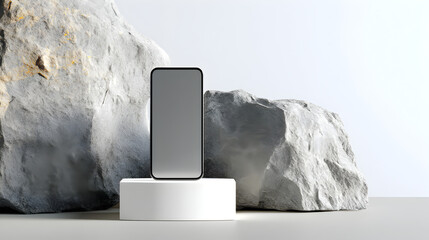Poster - Modern smartphone display on a minimalistic pedestal surrounded by natural stones, representing technology and nature in a contrasting composition