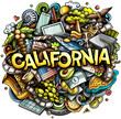 © balabolka - California hand drawn cartoon doodle illustration. Funny USA State design. Creative art background. Handwritten text with elements and objects. Colorful composition