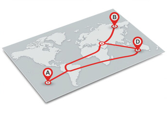Poster - World map shows travel route with destination points A B and D on grey background. Red line connects the points on the map