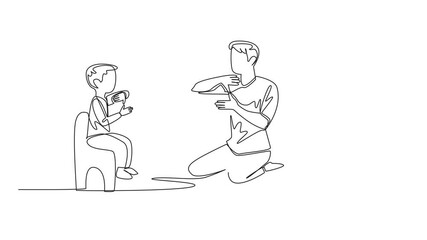 Poster - Animation of single continuous line drawing boy sitting on a small chair in front of father and mother. Communicate without sound. Limitations. Sign. Mother Father Deaf Day. Full length motion