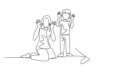 Poster - Animated self drawing of single one line drawing the daughter stands in the middle of seated father and mother. Hearing problem. Symbol of not hearing. Mother Father Deaf Day. Full length animation