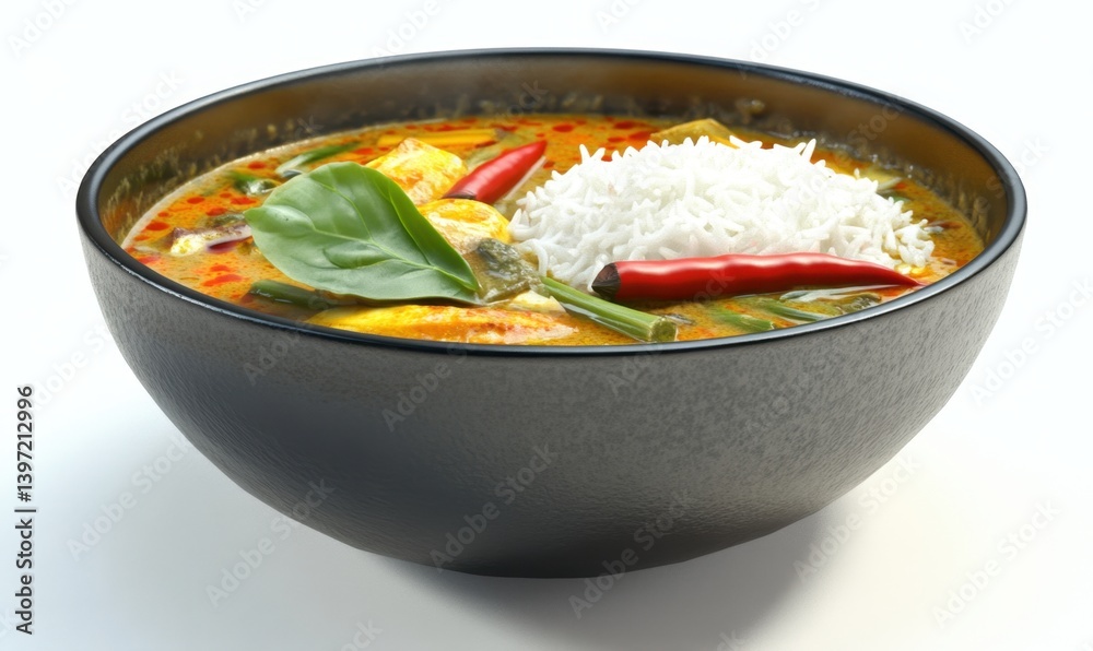 Spicy green curry with rice, studio shot, food photography, recipe illustration