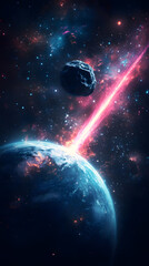 Wall Mural - Asteroid Approaching a Planet with a Pink Laser Beam