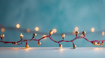 Poster - Decorative string lights with golden bulbs on a wooden surface, softly glowing against a blurred blue background, creating a warm and inviting atmosphere