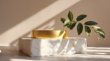 Poster - Marble product display stage with gold accent and natural plant for cosmetic mockup presentation backdrop