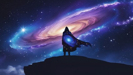 Mystical Figure in Hooded Cloak Admires Celestial Galaxy Night Sky