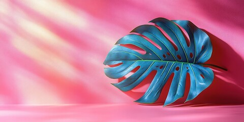 Tropical monstera leaf on pastel pink background summer minimalism modern design