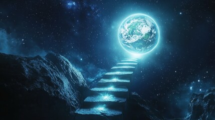 Wall Mural - surreal staircase leading to earth in starry cosmic background