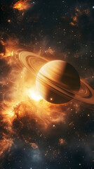 Wall Mural - Saturn with its iconic rings set against a backdrop of stars and nebulae