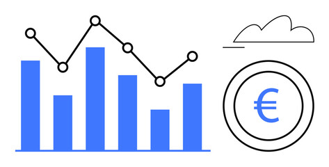 Poster - Bar chart and line graph for data trends, cloud symbol for digital storage, euro sign for finance. Ideal for analytics, finance, business, digital tools, economy strategy trends. Flat simple