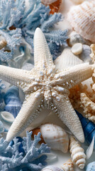 Poster - Close-up of starfish and seashells, textured and detailed, showcasing ocean theme, evoking calmness and summer vacation feelings. Perfect for travel or nature concepts