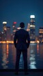 © Prayad - Suited figure standing confidently in front of city skyline at night, nightlife, , suit