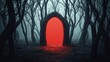 © pornchan - Dark enchanted forest with a mysterious bloodred portal, casting eerie shadows on the twisted trees