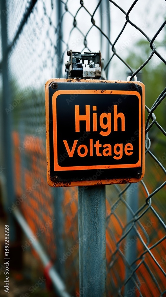 Overcast Sign High voltage warning sign placed on a fence near an electrical facility ...