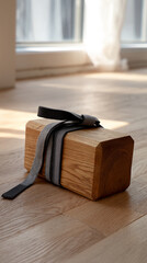 Aufkleber - Wooden block with gray fabric band on light wood floor, showcasing simple elegance and minimalist design, ideal for product display or interior design concepts