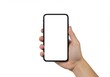 © Vooglo.com - Person holding modern smartphone with blank screen for design mockup isolated on plain white backdrop